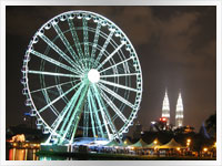 Night-time shot of the Ferris wheel and Pwtronas towers in Kuala Lumpar, Malaysia