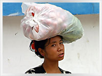 woman from the hmong hill tribe carrying vegetables to the market